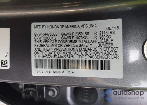2018 Honda Accord Sport z USA, uszkodzony, nr VIN 1HGCV1F34JA228425